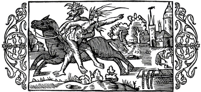 Olaus Magnus History of the Nordic Peoples. On the punishment of witches, 1555. The horned man kidnaps the witch from the city, Historical, digitally restored reproduction from an original of the time..