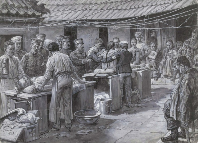 Pyongyang, Korea, Wounded Chinese prisoners of war receive medical treatment after the Battle of Pyongyang, Battle of Pyongyang, 15 September 1894, an event in the Sino-Japanese War, 1894-1895. The Chinese army was defeated in the battle and left North Korea, Historical, digitally restored reproduction from an original of the period..