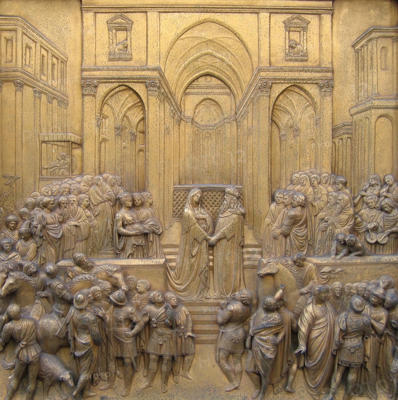 Solomon Meets the Queen of Saaba, Saba, Relief on the Paradise Door of the Florentine Baptistery, Florence, Tuscany, Italy, Historic, digitally restored reproduction from an original of the period..