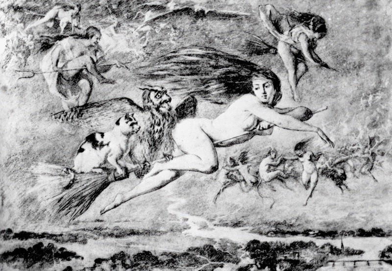 Flying witches with cats and birds of prey on their brooms, on their way to the witches' sabbath, 1810, Historic, digitally restored reproduction from an original of the time..