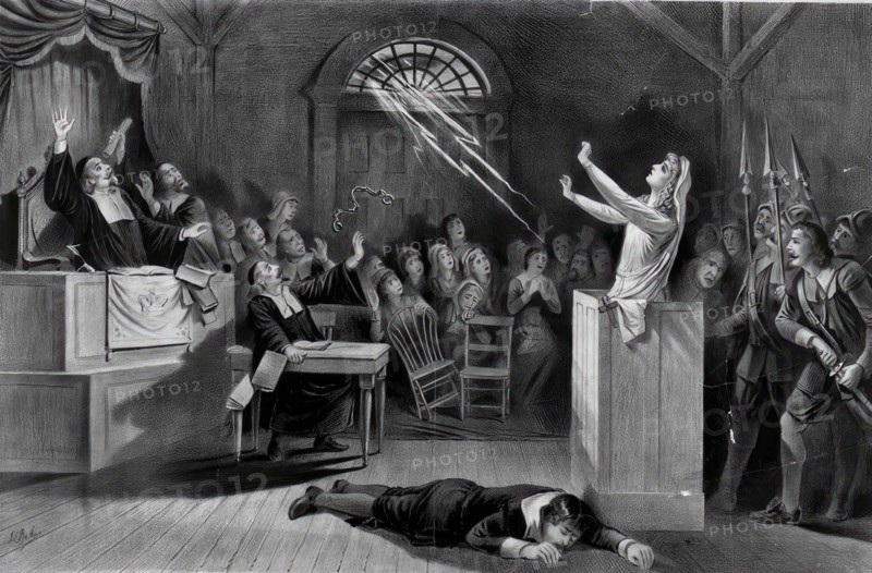witch is on trial and defends herself with the help of her witchcraft spell, c. 1820, France, Historic, digitally restored reproduction from an original of the period..