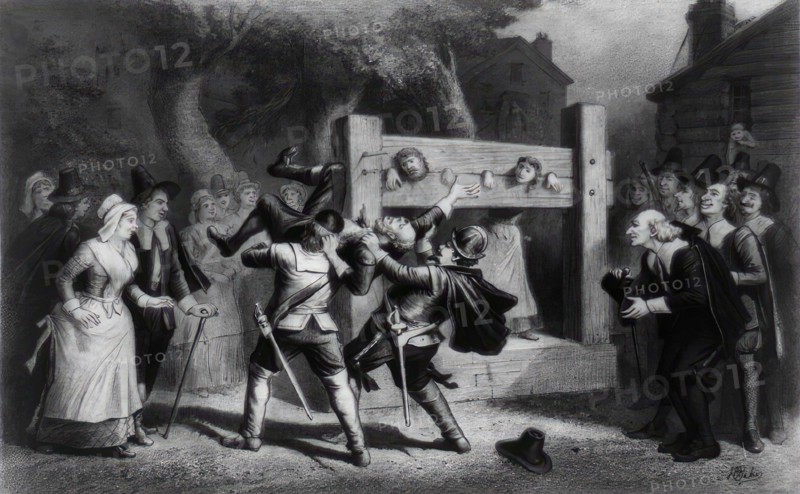 Pillory, torture of criminals and alleged witches, c. 1800, France, Historic, digitally restored reproduction from an original of the period..