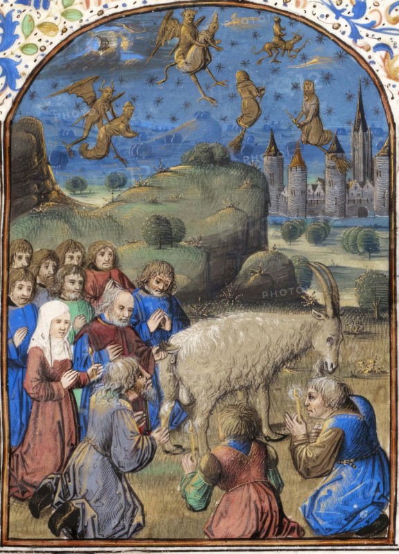 Symbolic representation against witches and devil worshippers. The people worship a goat while witches and devils cavort in heaven, Historical, digitally restored reproduction from an original of the time..