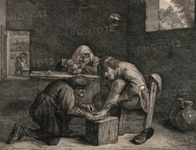 surgeon treats the foot of a male patient, Wounds and injuries, Surgical instruments and equipment, Treatment in the 17th, century, Netherlands, Historic, digitally restored reproduction from a 19th century original..