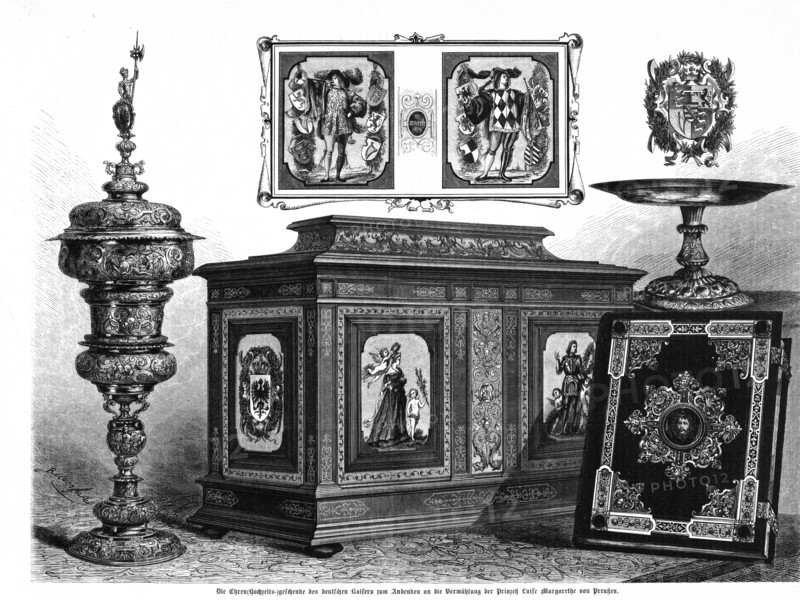 The Wedding Gifts of the German Emperor in Memory of the Wedding of Princess Luise Margarete of Prussia, 1879, Historical, digitally restored reproduction from a 19th century original..