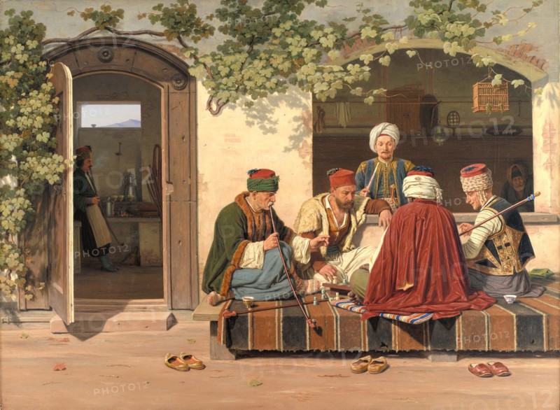 Orientals playing a game of chess in front of a Turkish coffee house and barber shop, 1845, Turkey, Historical, digitally restored reproduction of an original of the period..