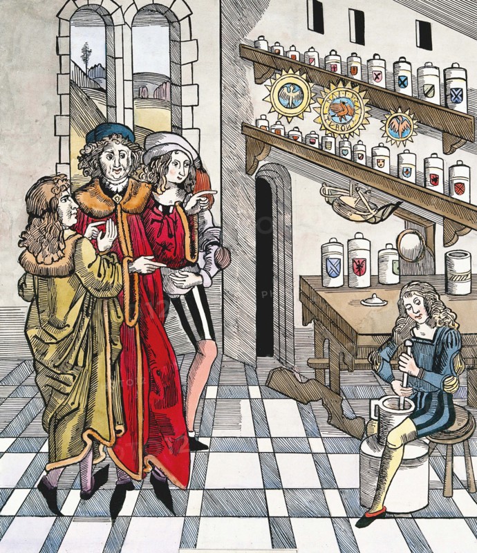 Interior view of an Pharmacy in the 17th century, France, Historic, digitally restored reproduction of an original of that time..