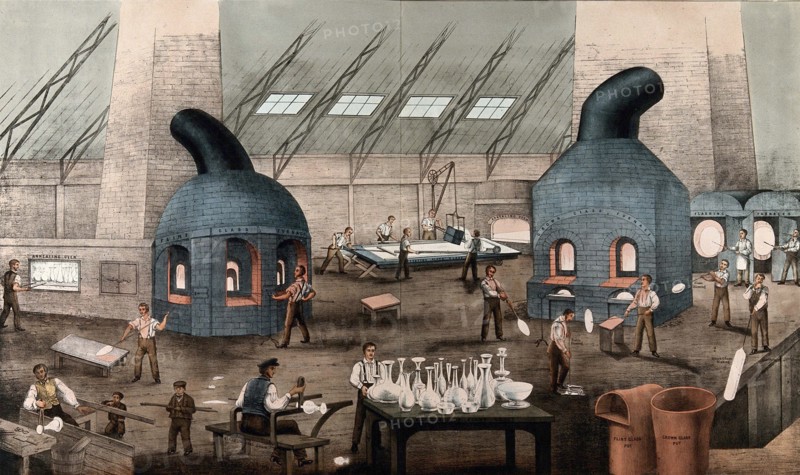 Glass making, the British flat glass factory, the manufacture of flat glass in Britain began in 1773 at this factory in Ravenhead, St Helens, England, Historic, digitally restored reproduction of an original of the time..