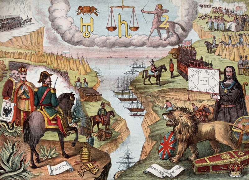 Astronomy. Various apocalyptic scenes, including Napoleon III, a weeping Queen Victoria, an assassination and a battle in Russia, Astrology, 1865, Historical, digitally restored reproduction of an original of the time..