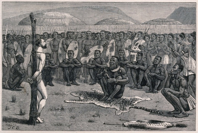 Ernest Grandier, a Zulu prisoner, stands naked and tied to a stake in front of the tribe and awaits the verdict of the chief to whom he was brought, 18th century.
