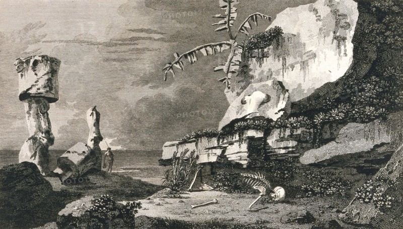 Monuments on Easter Island, Rapa Nui, discovered by Captain Cook on his second voyage (1772-1775).