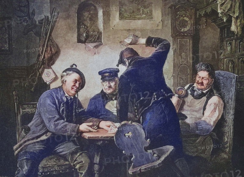 Four card game players in a village inn.