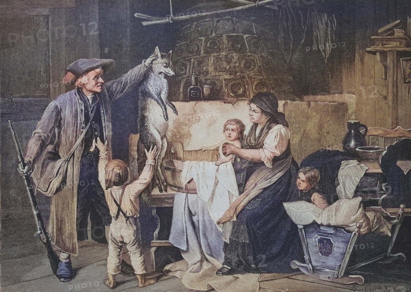 Hunter brings home a shot fox and presents it to his family.