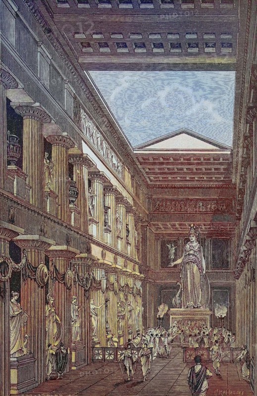 The statue of Athena Parthenos of Pheidias in the Cella of the Parthenon.