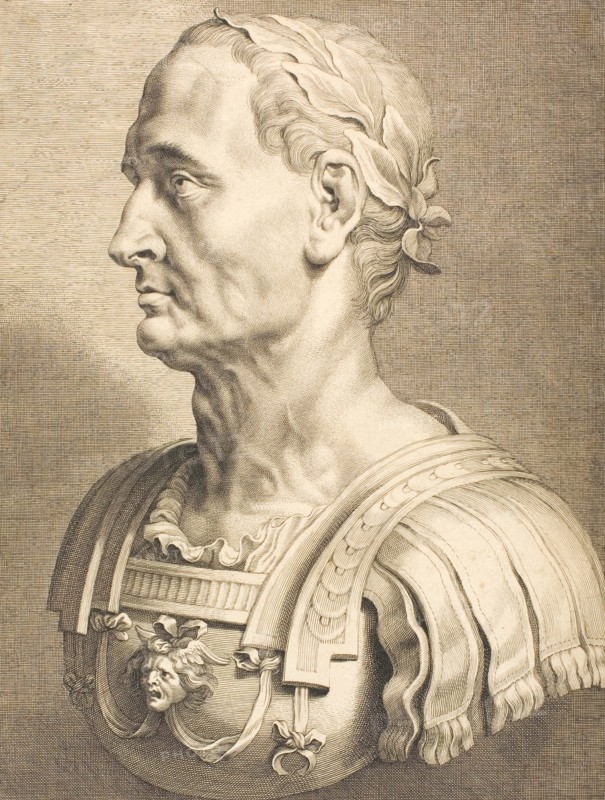 Gaius Julius Caesar, Gaius Julius Caesar, 13 July 100 BC - 15 March 44 BC, was a Roman statesman, general and author who was instrumental in the end of the Roman Republic and its subsequent transformation into a de facto monocracy, Historical, digitally restored reproduction from an original of the period.
