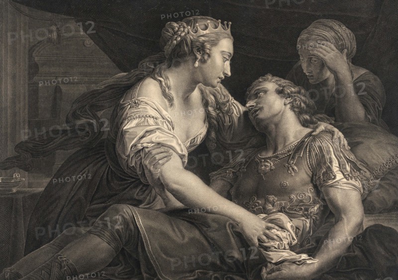 The Death of Marcus Antonius with Cleopatra, Pharaohess Cleopatra VII born 69 BC, died 12 August 30 BC, ruled Egypt as the last queen of the Macedonian-Greek dynasty of the Ptolemies from 51 BC to 30 BC, Marcus Antonius, was a Roman politician and general, Historical, digitally restored reproduction from an original of the period.