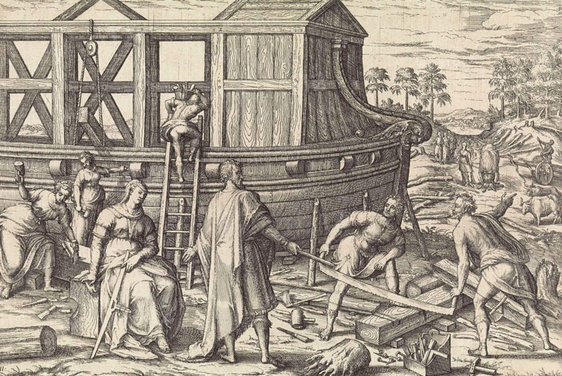 Noah builds the ark, According to the biblical book of Genesis, Noah's ark was a buoyant box built by the patriarch Noah, 17th century illustration, Historic, digitally restored reproduction from an original of the period.