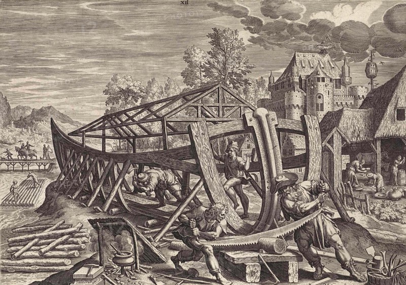 Building Noah's Ark, According to the biblical book of Genesis, Noah's Ark was a buoyant container built by the patriarch Noah, Illustration from 1586, Historic, digitally restored reproduction from an original of the time.