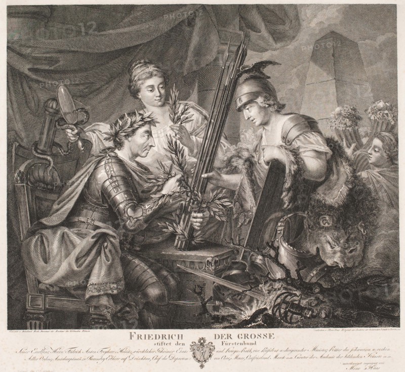 Frederick the Great founded the League of Princes. The League of Princes of 1785 was an alliance of Prussia and the Electorates of Brunswick-Luneburg and Saxony with 14 smaller princes of the Holy Roman Empire of the German Nation that lasted until 1791. It successfully opposed the plan of Emperor Joseph II and Elector Karl Theodor of Palatinate-Bavaria to exchange the Austrian Netherlands for Old Bavaria, Historical, digitally restored reproduction from an original of the time.