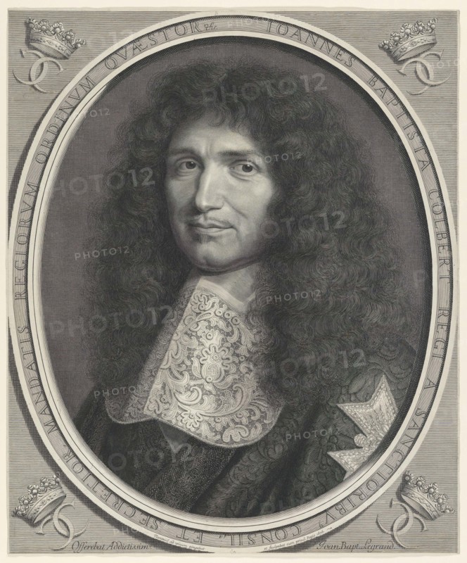 Jean-Baptiste Colbert, Marquis de Seignelay (29 August 1619 - 6 September 1683) was a French statesman and the founder of mercantilism, Colbertism, Historical, digitally restored reproduction from an original of the period.