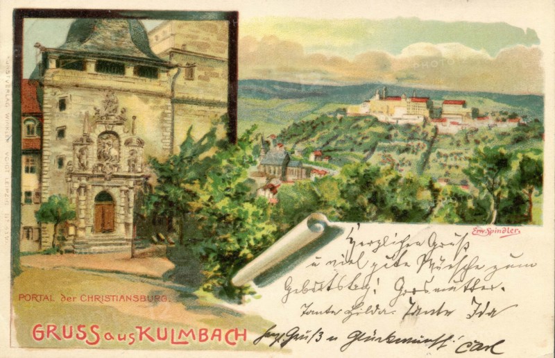 Old picture postcard from Kulmbach with the portal of the Christiansburg, today Plassenburg, around 1910, Upper Franconia, Bavaria, Germany, Historic, digitally restored reproduction from an original of that time.