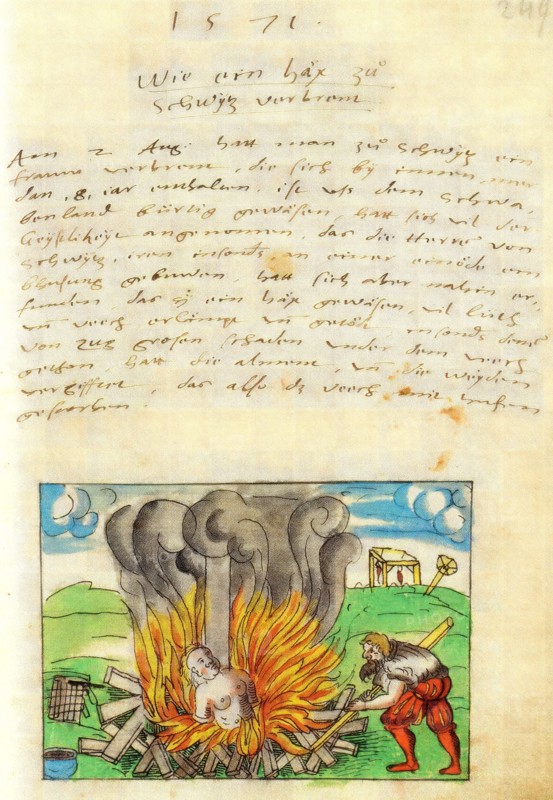 How a witch is burned in Switzerland, instruction from 1571. Witch is naked and shaven tied to a stake in the stake. The torturer has set fire to the wood, Historic, digitally restored reproduction from an original of the time.