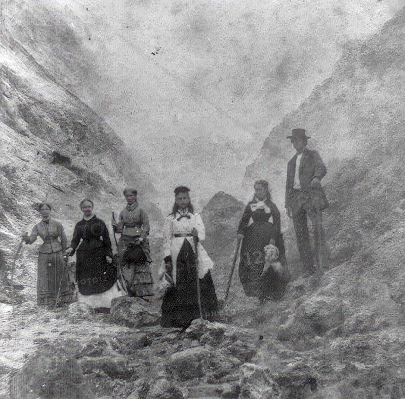 Witch's Cauldron and Devil's Cellar, Sonoma County, California, group of hikers on the road, photograph from c. 1870, Historic, digitally restored reproduction from an original of the time.