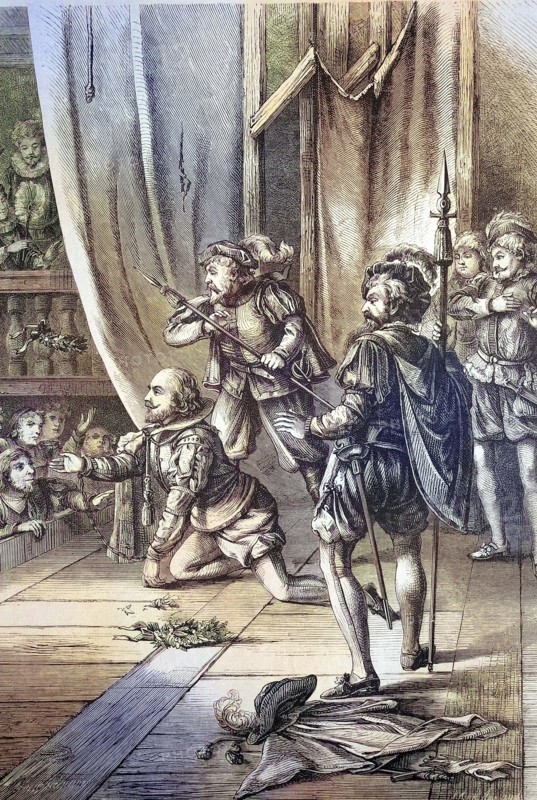 William Shakespeare as an actor in chains on stage