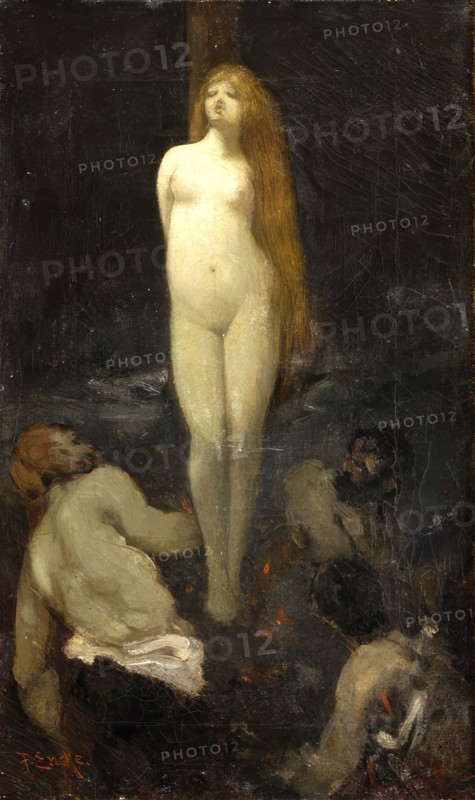 Burning of a Witch, the Burning of a Woman at the Stake, after a painting by Fedor Encke (1851 to 1926), Historical, digitally restored reproduction from an original of the time.