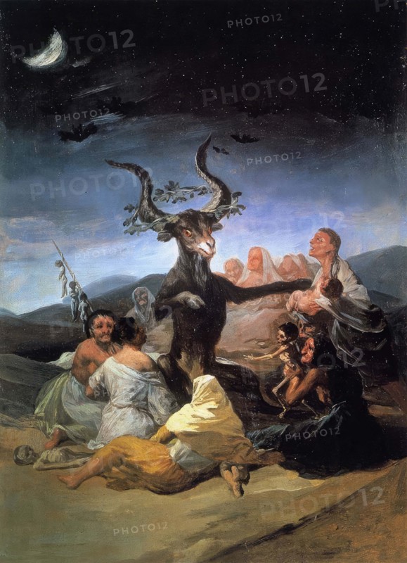 Witches' Sabbath or Devil's Dance, a regular, secret, nocturnal, festival-like meeting of so-called witches and sorcerers of a region with the devil at a certain, usually remote place, the so-called Witches' Dance Place. Here the witches surround the cuckold, after a painting by Francisco de Goya y Lucientes, Historic, digitally restored reproduction from an original of the tim.