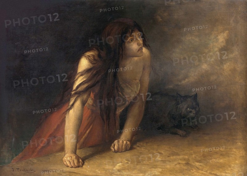 Young witch with a black cat, after a painting by Jean Francois Portaels, also Jan Frans Portaels (3 April 1818 ibis 8 February 1895), Belgian orientalist painter and art educator, Historic, digitally restored reproduction from an original of the time.