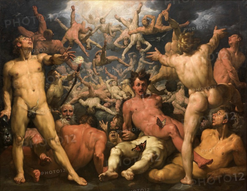 The Fall of the Titans, The lost epic Titanomachy tells of the battle of the Titans between the Olympians, the Hekatoncheirs and a number of Titans, in which they are finally defeated after a hard struggle and driven into the depths of the underworld, the Tartarus, 1588-1590, Painting by Cornelis Cornelisz van Haarlem, Historic, digitally restored reproduction from an original of the time.