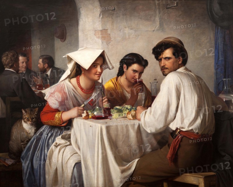 In front of a Roman osteria, man sitting with two women at a table eating, the women flirting with the viewer, the man looking annoyed, Rome, Italy, Painting by Carl Bloch, Historic, digitally restored reproduction from an original of the period.