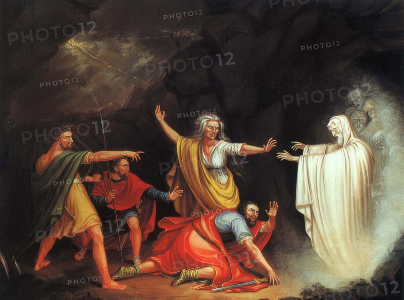 Necromancer or Witch of Endor, a character in the 1st Book of Samuel in the Bible. Saul, the first king of Israel, he was looking for a woman who had a spirit of divination, Historical, digitally restored reproduction from an original of the time.
