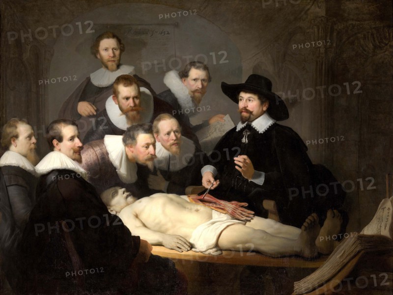 The Anatomy Lesson of Dr Nicolaes Tulp, also Nicolaas Tulp, Tulpius, and Nicolaes Petreius (9 October 1593 - 12 September 1674), a Dutch surgeon and anatomist as well as one of the most famous physicians of the 17th century and mayor of Amsterdam, painting by Rembrandt, Historical, digitally restored reproduction from an original of the time..