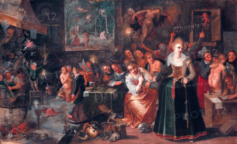 Witches' Sabbath or Devil's Dance, a regular, secret, nocturnal, festival-like meeting of so-called witches and sorcerers of a region with the devil at a specific, usually remote location, the so-called Witches' Dance, 1640, painting by Frans Francken, Historic, digitally restored reproduction from an original of the time.