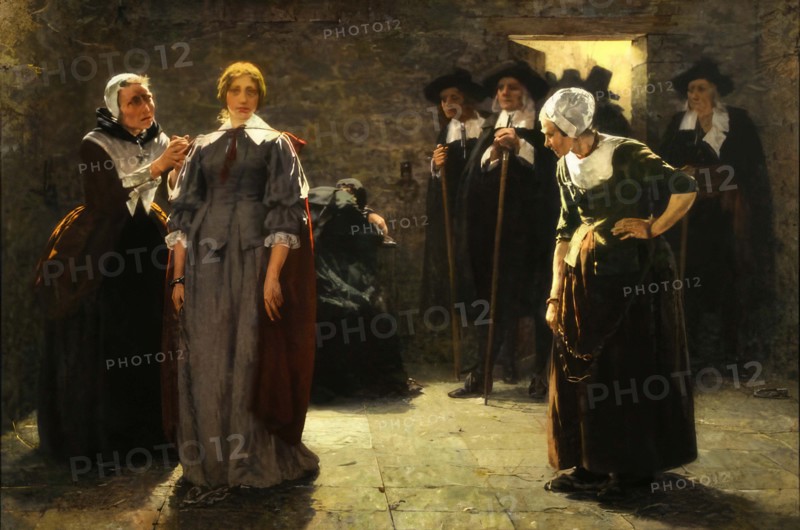 Witch hunt, young woman is accused of being a witch by the inhabitants and is to be led away by the commissioners of the court, around 1800, Historic, digitally restored reproduction from an original of the time.