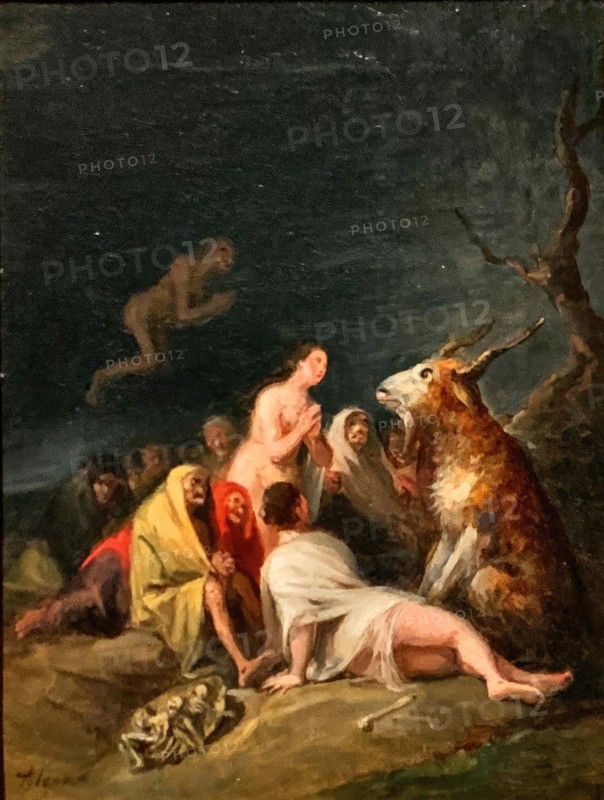 Witches' Sabbath or Devil's Dance, regular, secret, nocturnal, festival-like meeting of so-called witches and sorcerers of a region with the devil at a certain, usually remote place, the so-called witches' dance site, here with the cuckold, Historic, digitally restored reproduction from an original of the time.
