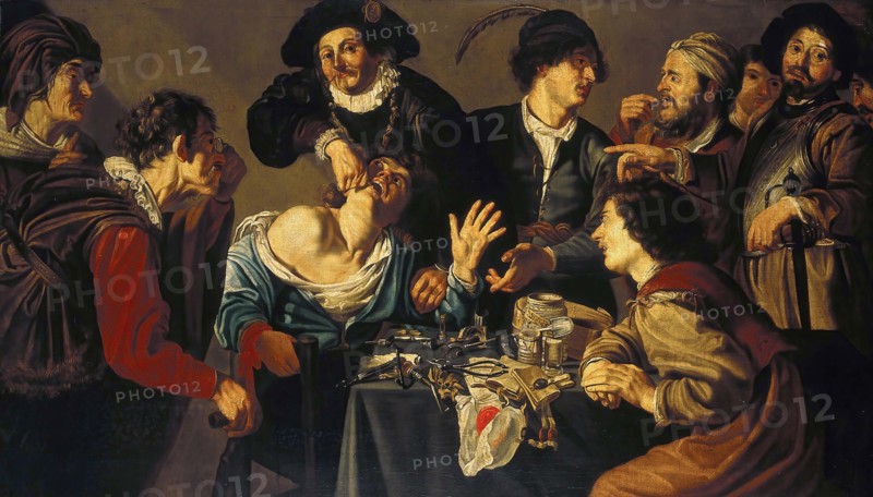 A dentist pulling a tooth, c. 1620, Netherlands, Painting by Theodoor Rombouts, Historic, Digitally restored reproduction from a 19th century original..