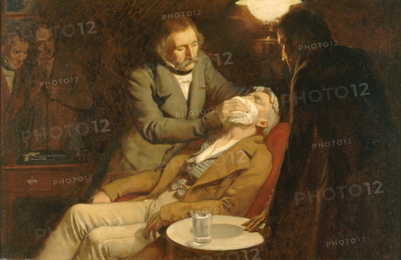 Dentist, the first use of ether for anesthesia in dental surgery, 1846, Historic, digitally restored reproduction of an original of the time..