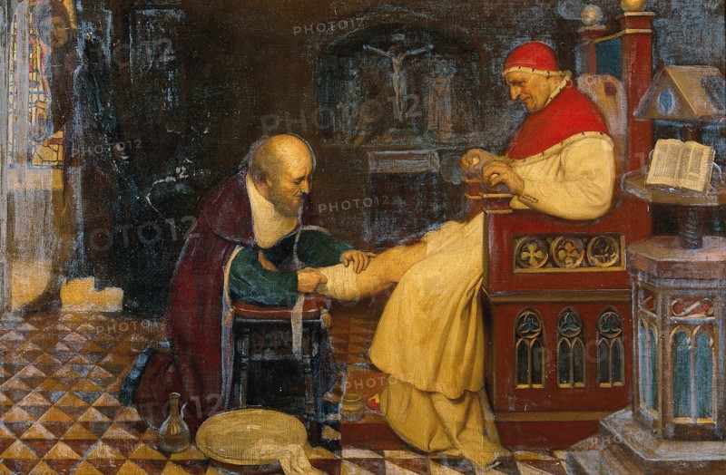 Guy de Chauliac bandages the leg of Pope Clement VII in Avignon while Petrarch, his enemy, jealous of his influence, watches him, ca. 1348, Guy de Chauliac ( c. 1298 to July 23, 1368), was a French surgeon, canon and one of the most important physicians of his time, painting by Ernest Board, Historic, digitally restored reproduction of an original of the period.