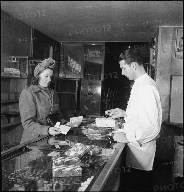 Shopping, coupons, around 1945.