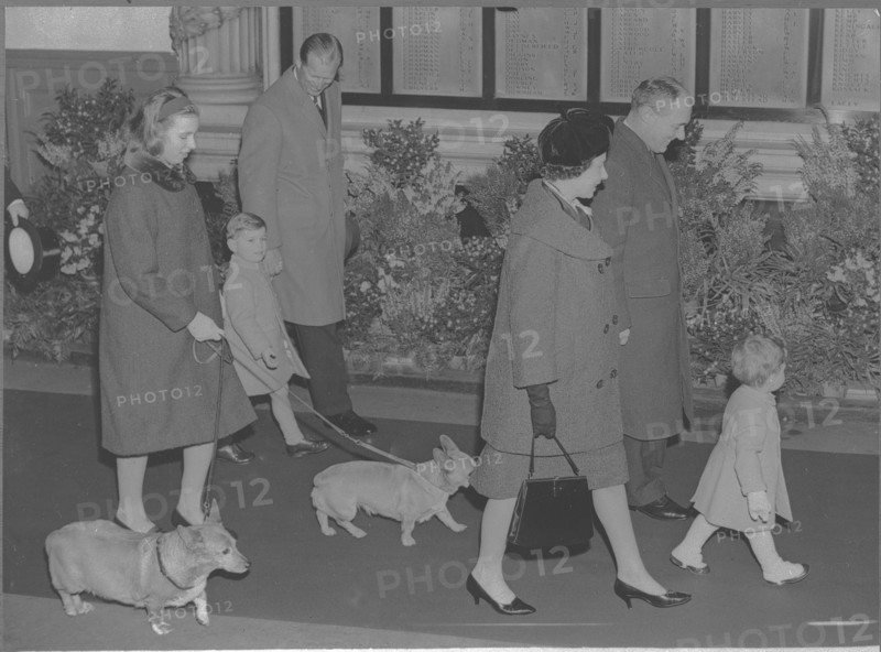 From left to right: Anne, Andrew, Philip, Elizabeth, unknown man, Viscount Linley (son of princess Margaret and Earl Snowdon).