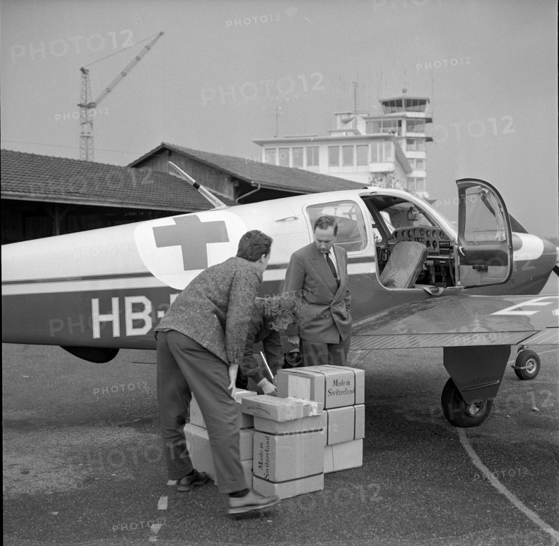 Swiss sports pilot with medicaments for Hungary, Kloten around 1956.