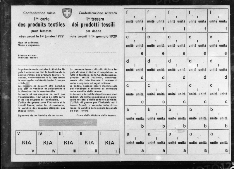 Textile ration card for women; coupons; 1940.
