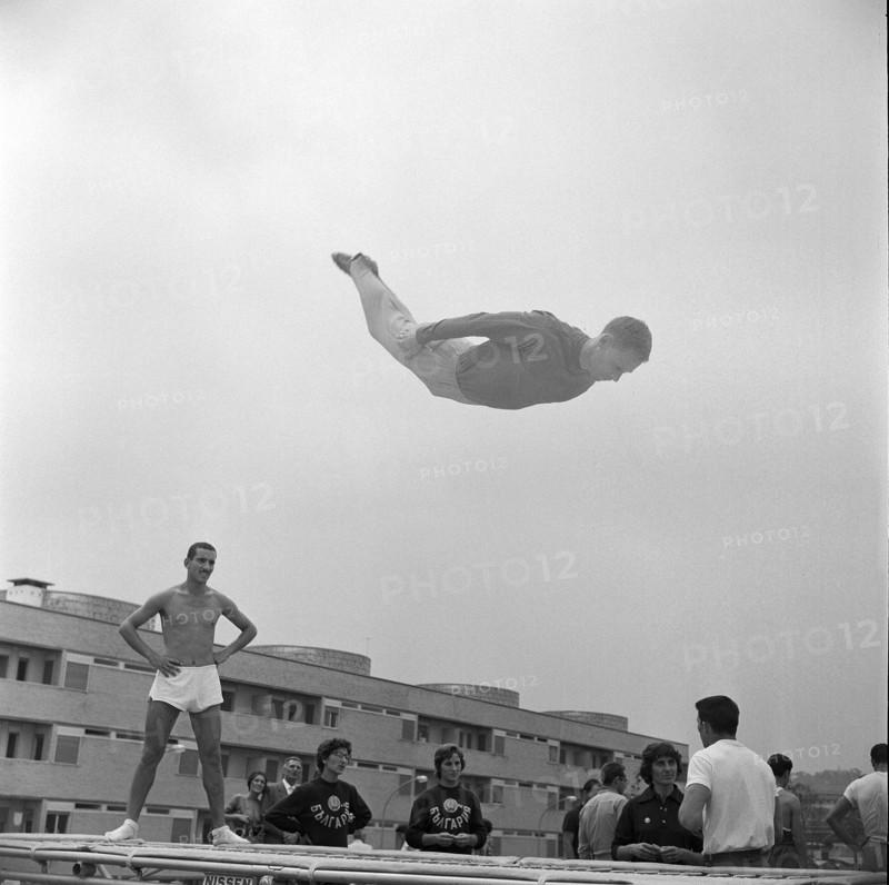 Rome 1960: trampoline training outdoors.