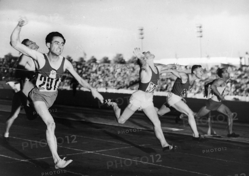 EC 1950 Brussels, finals 100m: 1 Bally, 2 Leccese, 3 Sukharev.