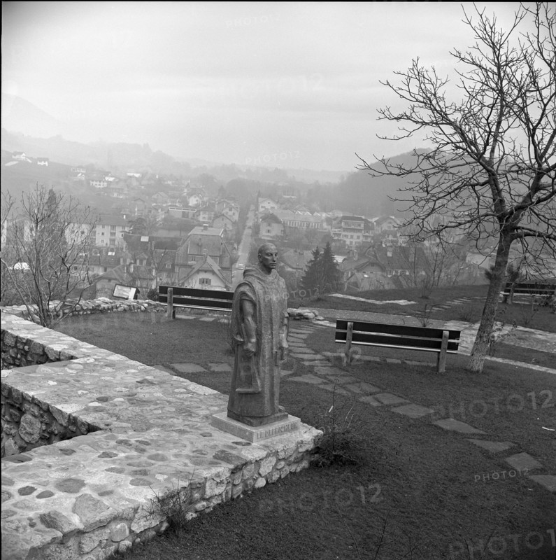 Statue of a monk Le Defricheur at Boudry Castle, 1960.