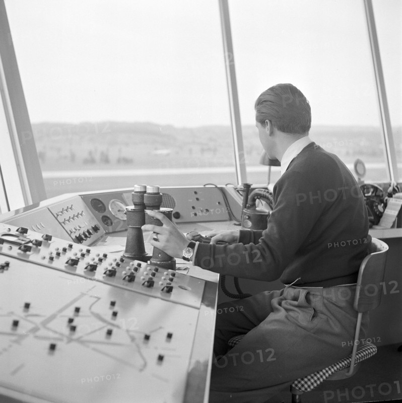 Air traffic controller in the tower, airport Zurich-Kloten around 1956