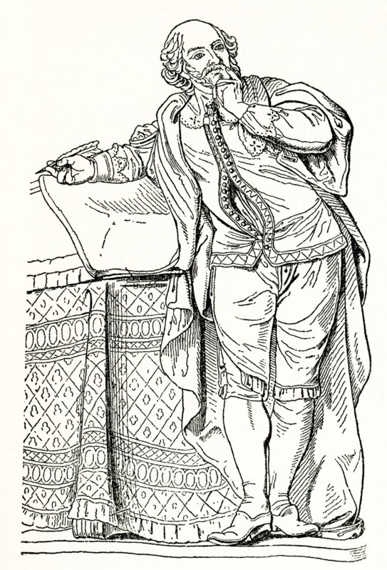 This 1905 illustration of William Shakespeare is based on a statue of the English author. William Shakespeare (died 1616) was an English poet and playwright - and is considered by many to be the best English writer ever.